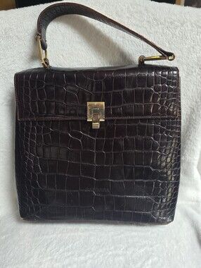 Barbara Milano Dark Brown Vintage Croc-Embossed Leather Handvag- Genuine Leathee